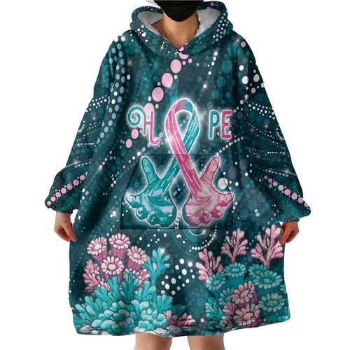Personalised Hereditary Cancer Awareness Wearable Blanket Hoodie Hope Ribbon With Aussie Teal Duncan Coral