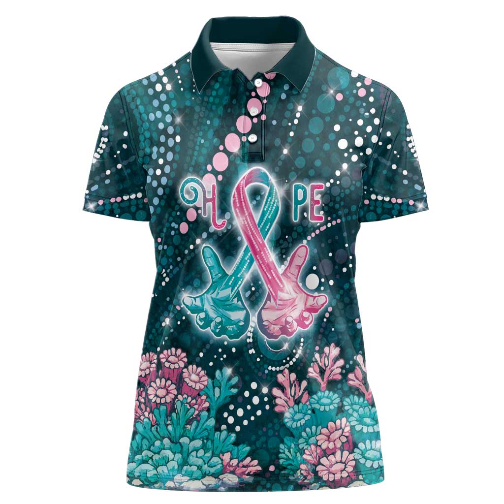 Personalised Hereditary Cancer Awareness Women Polo Shirt Hope Ribbon With Aussie Teal Duncan Coral