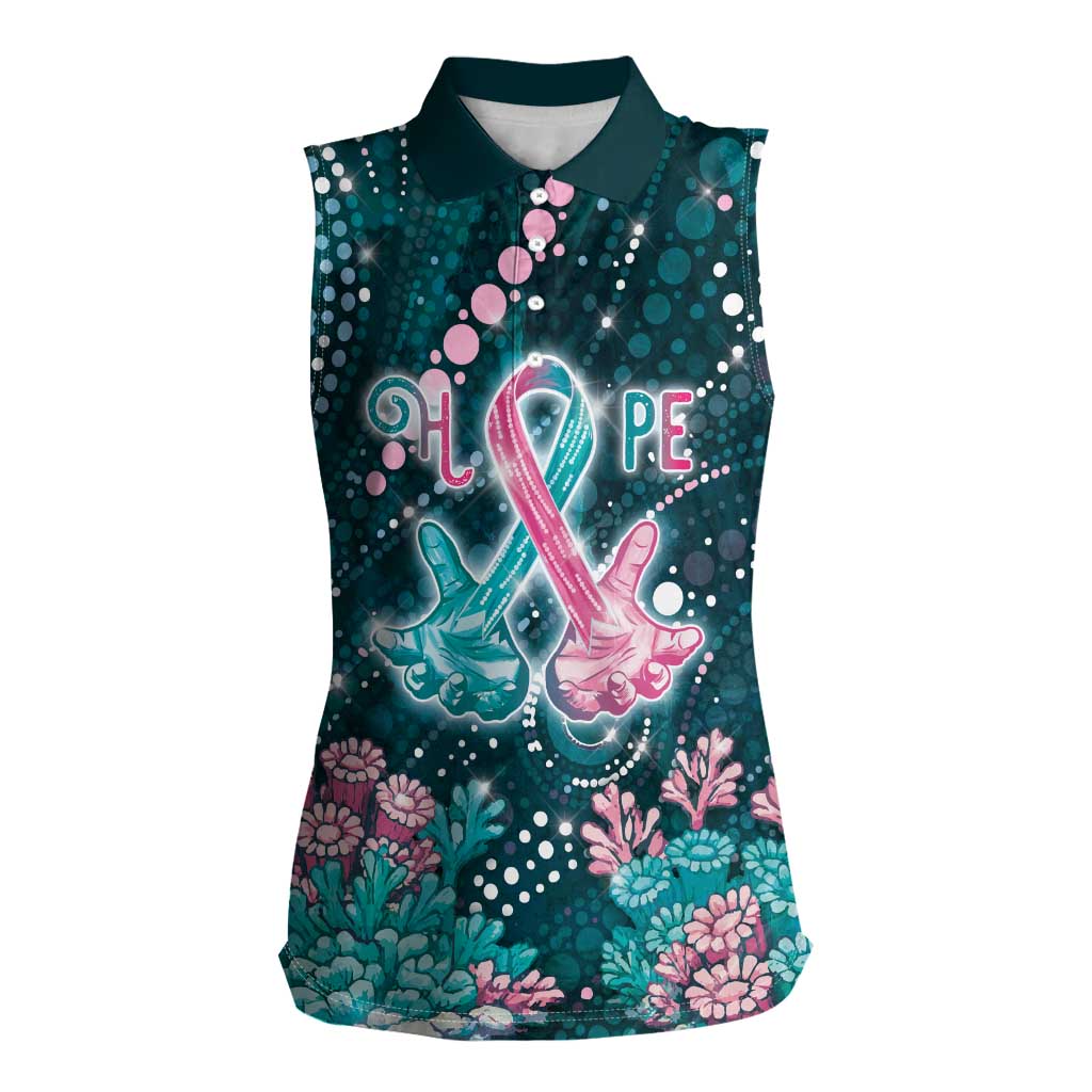 Personalised Hereditary Cancer Awareness Women Sleeveless Polo Shirt Hope Ribbon With Aussie Teal Duncan Coral