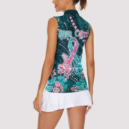 Personalised Hereditary Cancer Awareness Women Sleeveless Polo Shirt Hope Ribbon With Aussie Teal Duncan Coral
