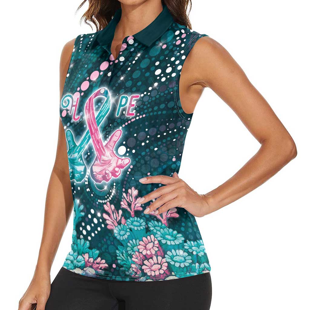 Personalised Hereditary Cancer Awareness Women Sleeveless Polo Shirt Hope Ribbon With Aussie Teal Duncan Coral