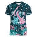 Personalised Hereditary Cancer Awareness Women V-Neck T-Shirt Hope Ribbon With Aussie Teal Duncan Coral