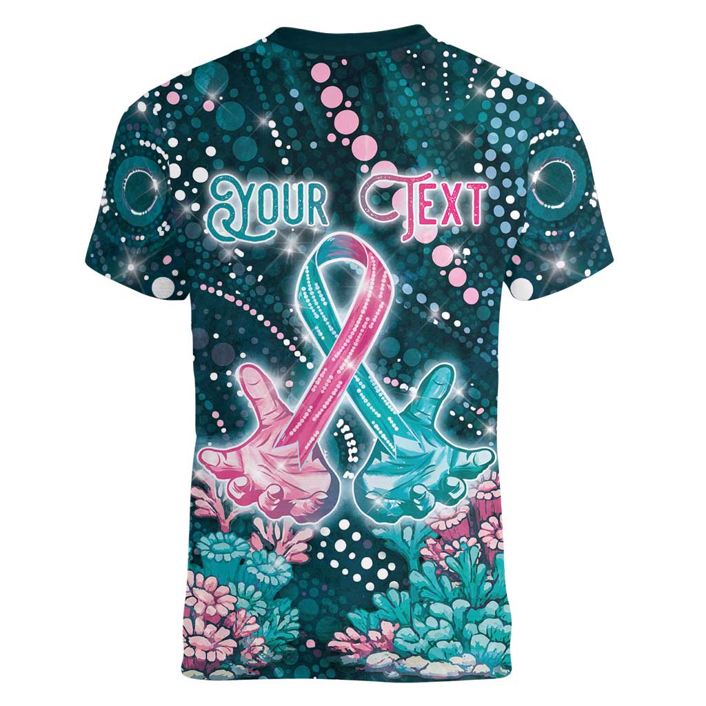 Personalised Hereditary Cancer Awareness Women V-Neck T-Shirt Hope Ribbon With Aussie Teal Duncan Coral