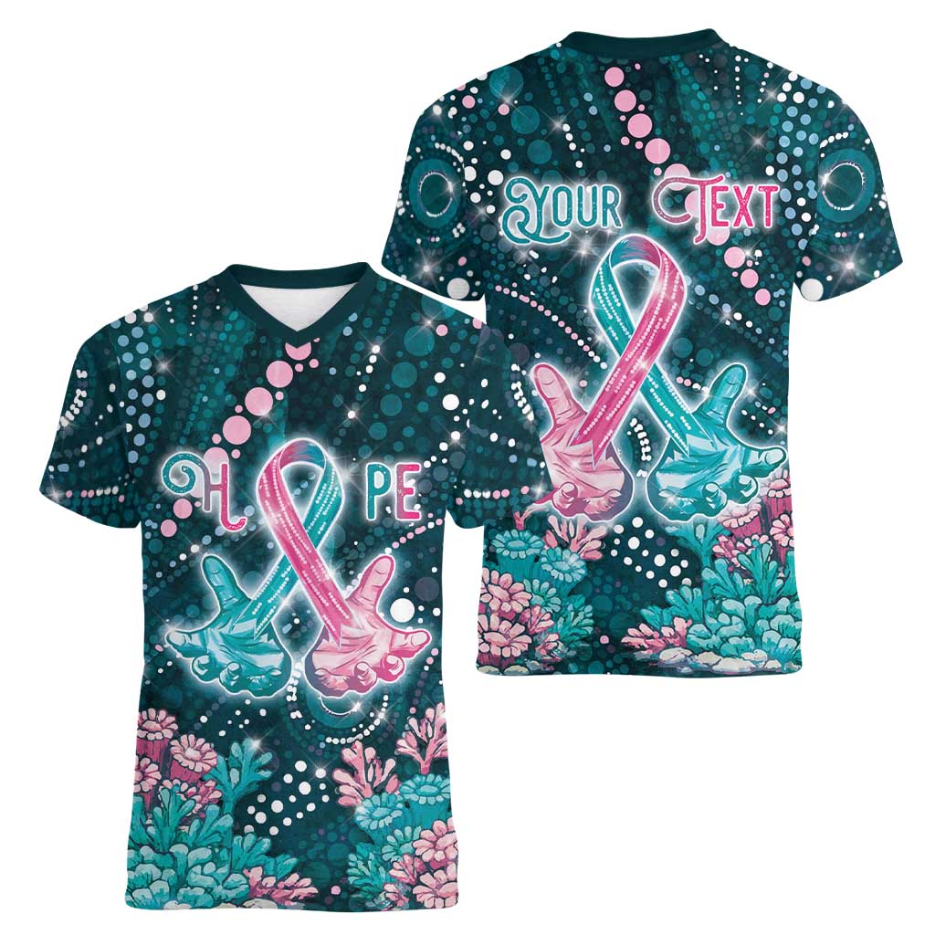 Personalised Hereditary Cancer Awareness Women V-Neck T-Shirt Hope Ribbon With Aussie Teal Duncan Coral