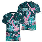 Personalised Hereditary Cancer Awareness Women V-Neck T-Shirt Hope Ribbon With Aussie Teal Duncan Coral