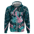 Personalised Hereditary Cancer Awareness Zip Hoodie Hope Ribbon With Aussie Teal Duncan Coral
