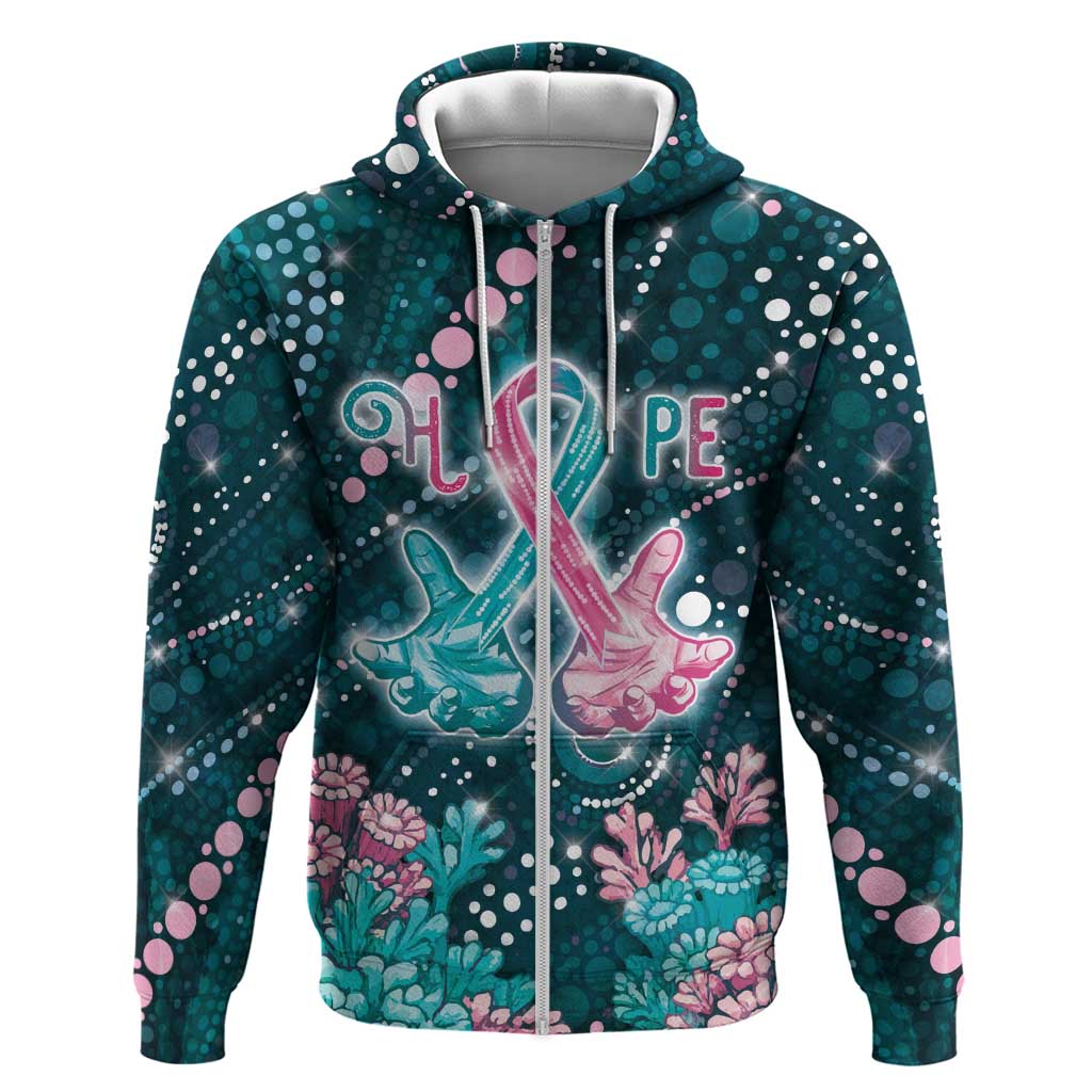 Personalised Hereditary Cancer Awareness Zip Hoodie Hope Ribbon With Aussie Teal Duncan Coral