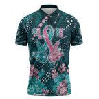 Personalised Hereditary Cancer Awareness Zipper Polo Shirt Hope Ribbon With Aussie Teal Duncan Coral