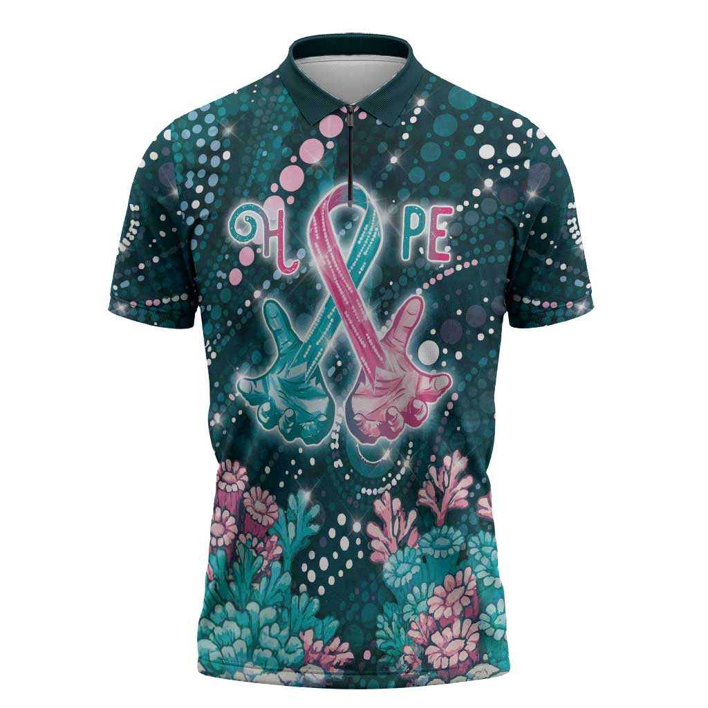 Personalised Hereditary Cancer Awareness Zipper Polo Shirt Hope Ribbon With Aussie Teal Duncan Coral