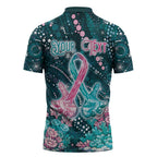 Personalised Hereditary Cancer Awareness Zipper Polo Shirt Hope Ribbon With Aussie Teal Duncan Coral