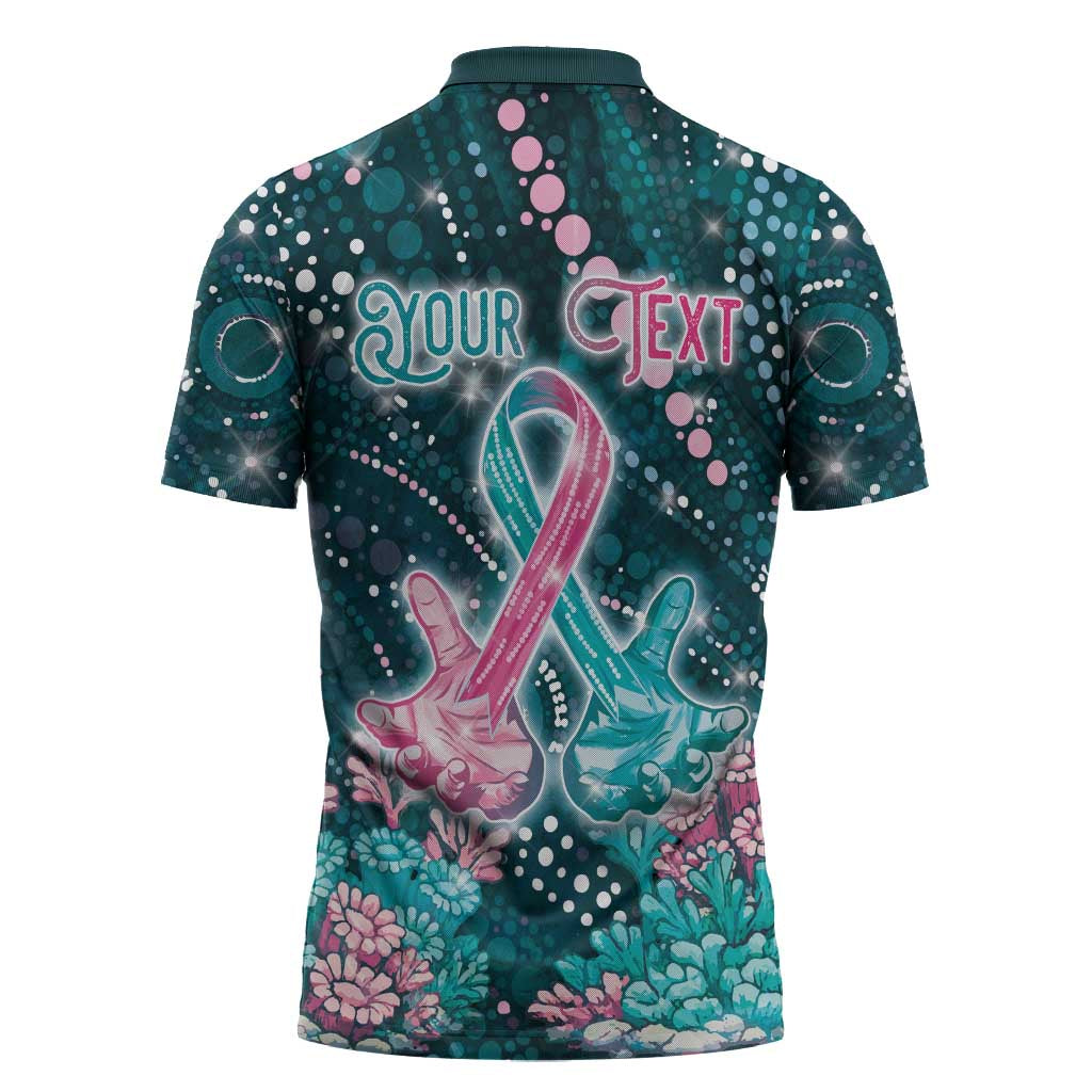 Personalised Hereditary Cancer Awareness Zipper Polo Shirt Hope Ribbon With Aussie Teal Duncan Coral