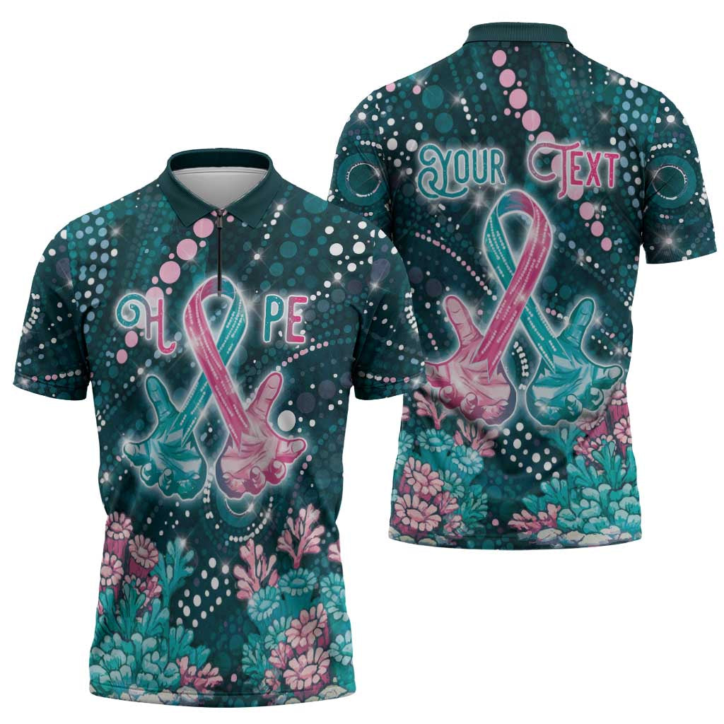 Personalised Hereditary Cancer Awareness Zipper Polo Shirt Hope Ribbon With Aussie Teal Duncan Coral