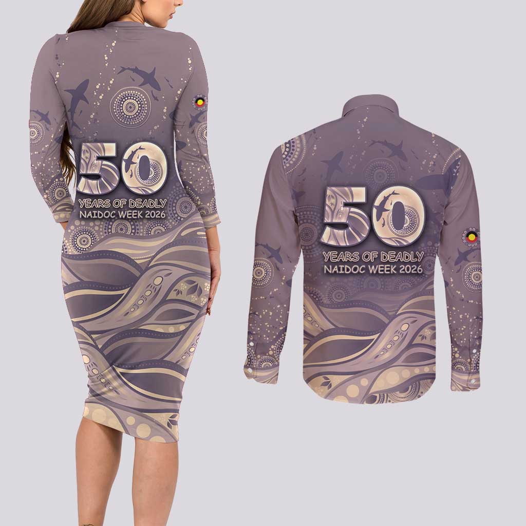 Personalised NAIDOC Week 2026 Couples Matching Long Sleeve Bodycon Dress and Long Sleeve Button Shirt Shark Pattern Coastal Style