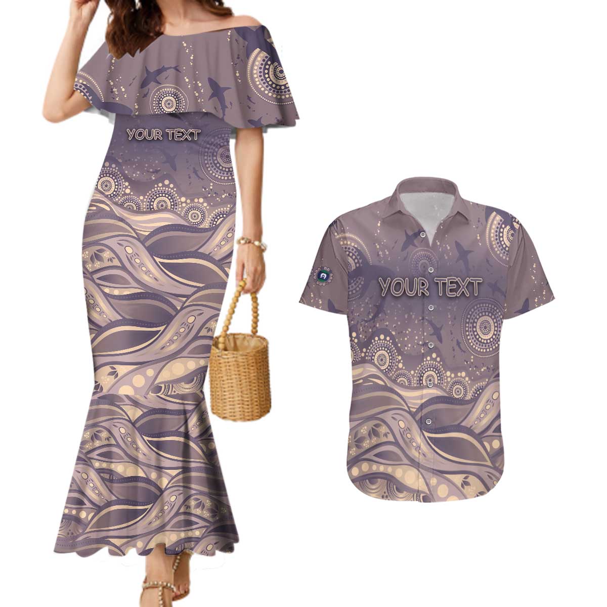 Personalised NAIDOC Week 2026 Couples Matching Mermaid Dress and Hawaiian Shirt Shark Pattern Coastal Style