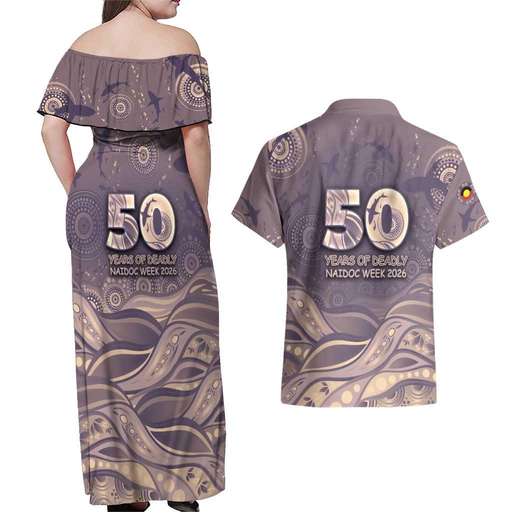 Personalised NAIDOC Week 2026 Couples Matching Off Shoulder Maxi Dress and Hawaiian Shirt Shark Pattern Coastal Style