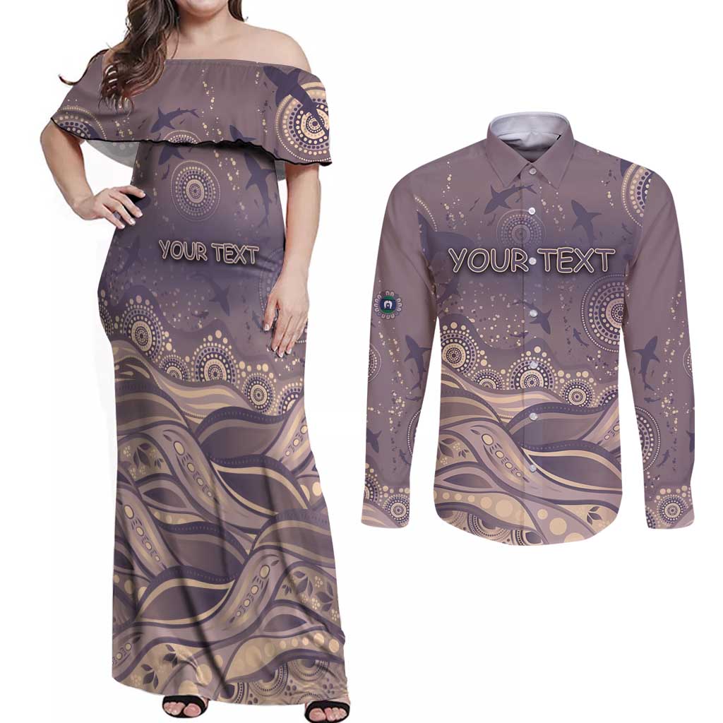 Personalised NAIDOC Week 2026 Couples Matching Off Shoulder Maxi Dress and Long Sleeve Button Shirt Shark Pattern Coastal Style