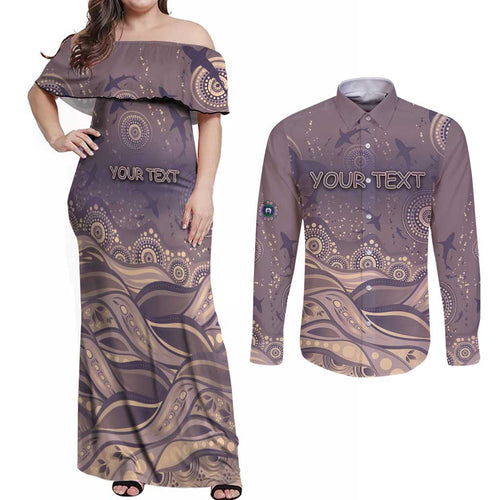 Personalised NAIDOC Week 2026 Couples Matching Off Shoulder Maxi Dress and Long Sleeve Button Shirt Shark Pattern Coastal Style