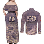 Personalised NAIDOC Week 2026 Couples Matching Off Shoulder Maxi Dress and Long Sleeve Button Shirt Shark Pattern Coastal Style