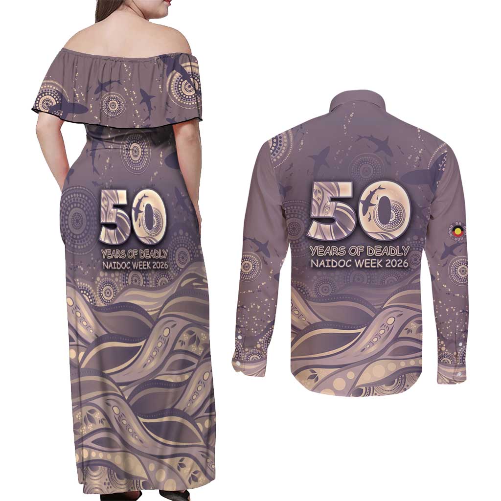 Personalised NAIDOC Week 2026 Couples Matching Off Shoulder Maxi Dress and Long Sleeve Button Shirt Shark Pattern Coastal Style