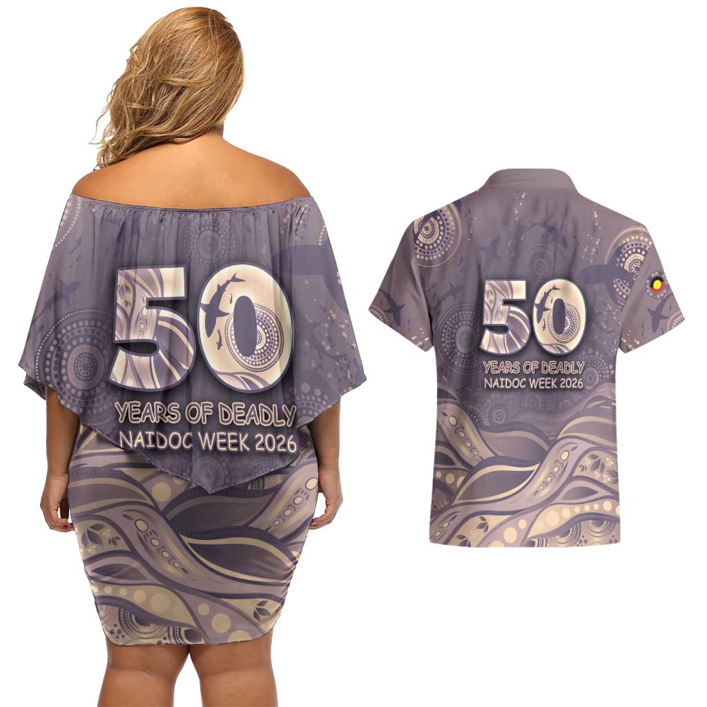 Personalised NAIDOC Week 2026 Couples Matching Off Shoulder Short Dress and Hawaiian Shirt Shark Pattern Coastal Style