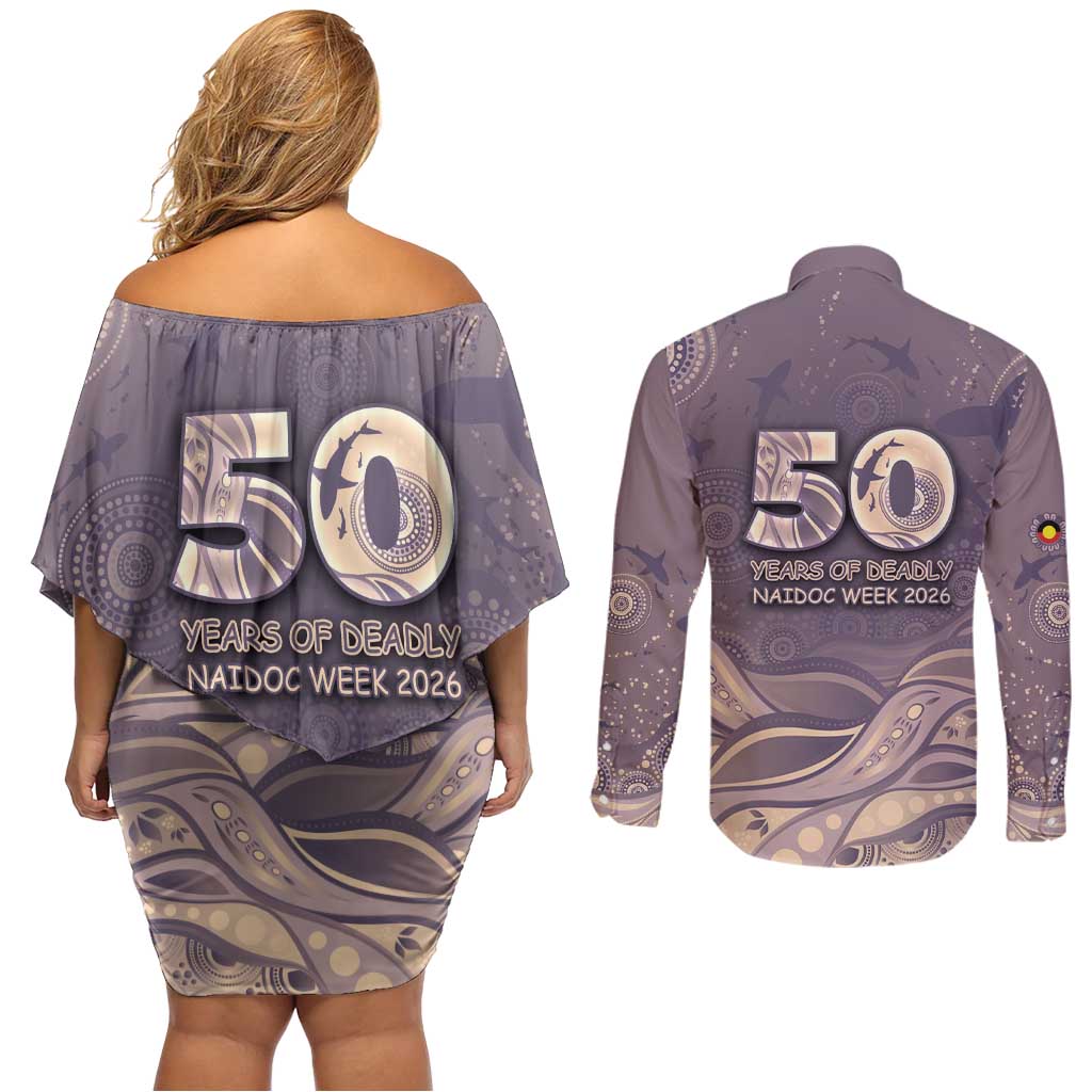 Personalised NAIDOC Week 2026 Couples Matching Off Shoulder Short Dress and Long Sleeve Button Shirt Shark Pattern Coastal Style