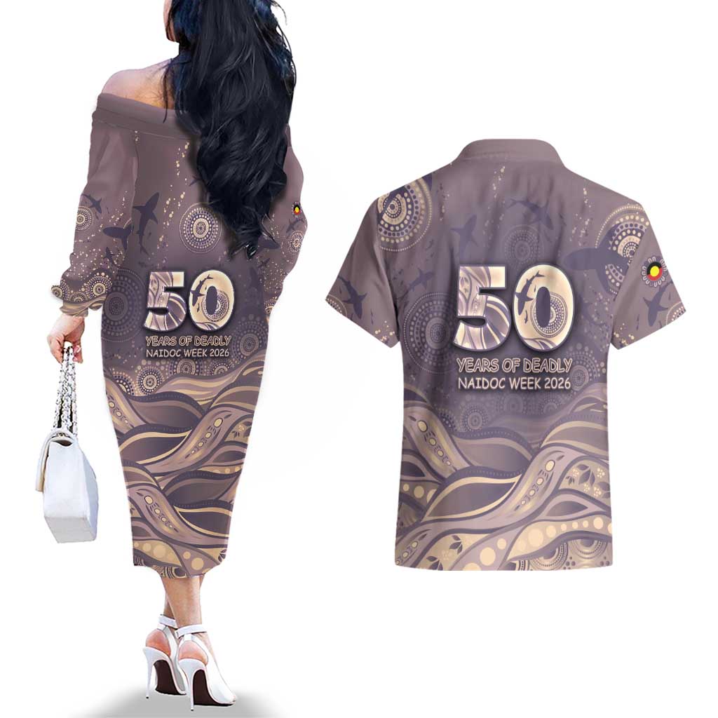 Personalised NAIDOC Week 2026 Couples Matching Off The Shoulder Long Sleeve Dress and Hawaiian Shirt Shark Pattern Coastal Style