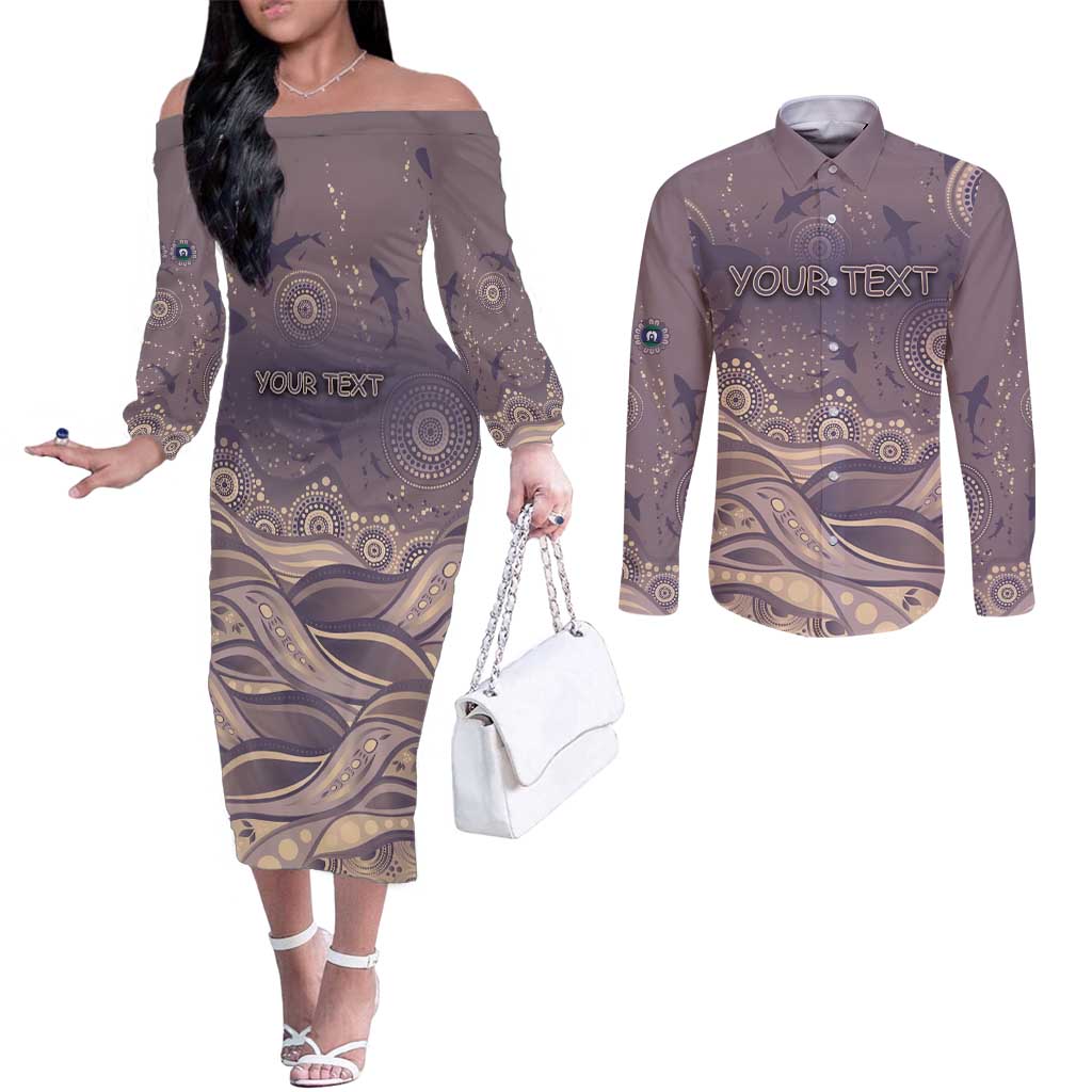 Personalised NAIDOC Week 2026 Couples Matching Off The Shoulder Long Sleeve Dress and Long Sleeve Button Shirt Shark Pattern Coastal Style