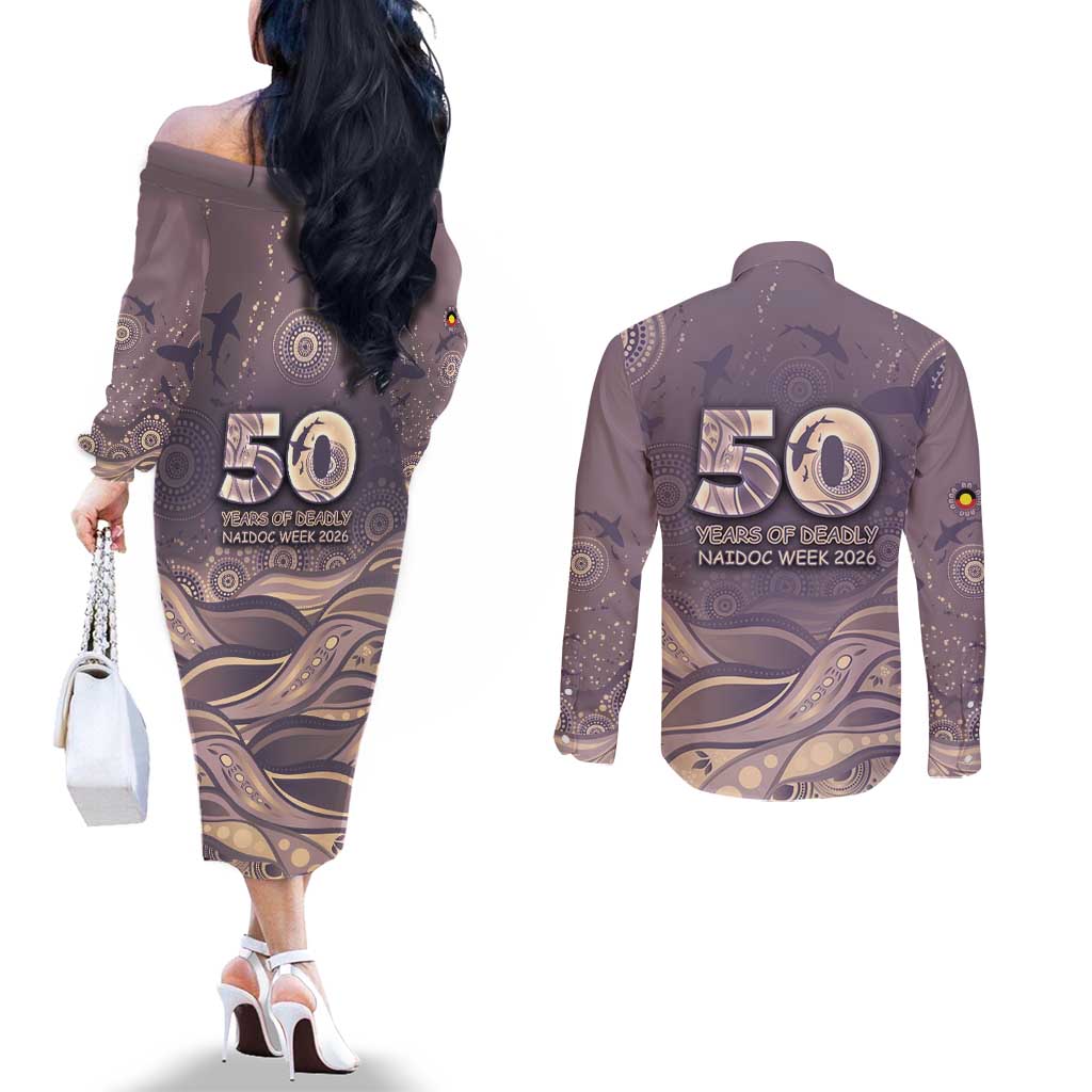 Personalised NAIDOC Week 2026 Couples Matching Off The Shoulder Long Sleeve Dress and Long Sleeve Button Shirt Shark Pattern Coastal Style