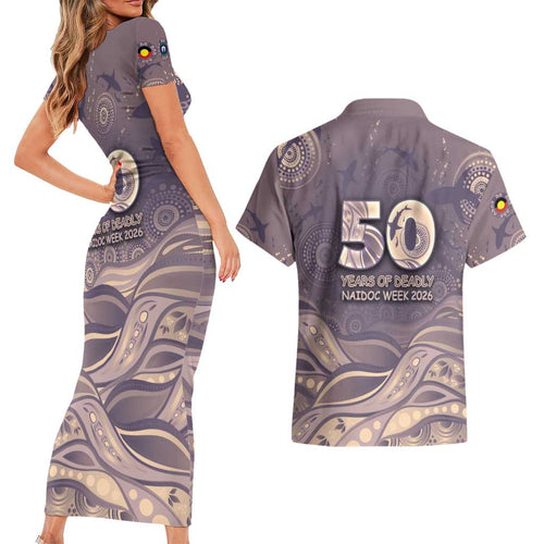 Personalised NAIDOC Week 2026 Couples Matching Short Sleeve Bodycon Dress and Hawaiian Shirt Shark Pattern Coastal Style