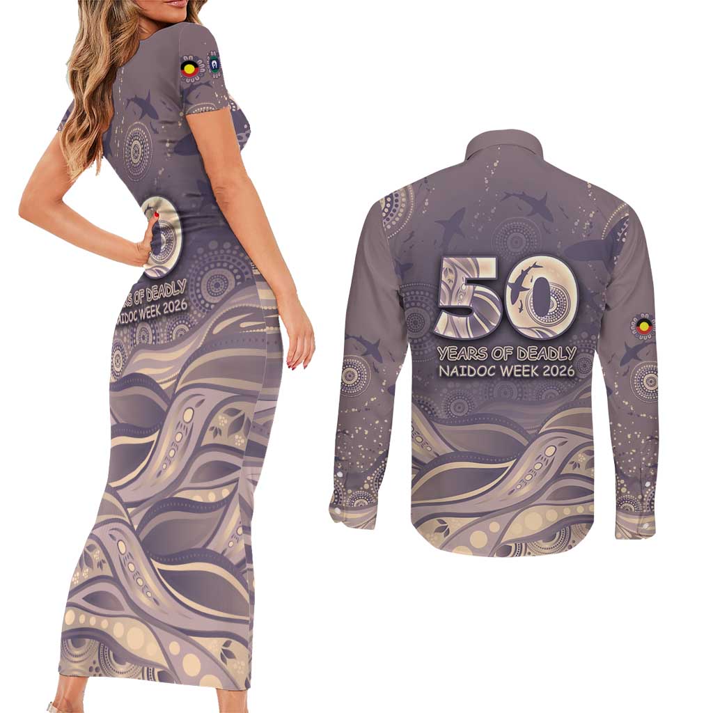 Personalised NAIDOC Week 2026 Couples Matching Short Sleeve Bodycon Dress and Long Sleeve Button Shirt Shark Pattern Coastal Style