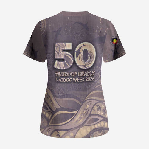 Personalised NAIDOC Week 2026 Scrub Top Shark Pattern Coastal Style