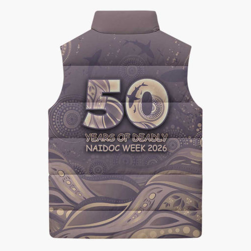 Personalised NAIDOC Week 2026 Sleeveless Puffer Jacket Shark Pattern Coastal Style