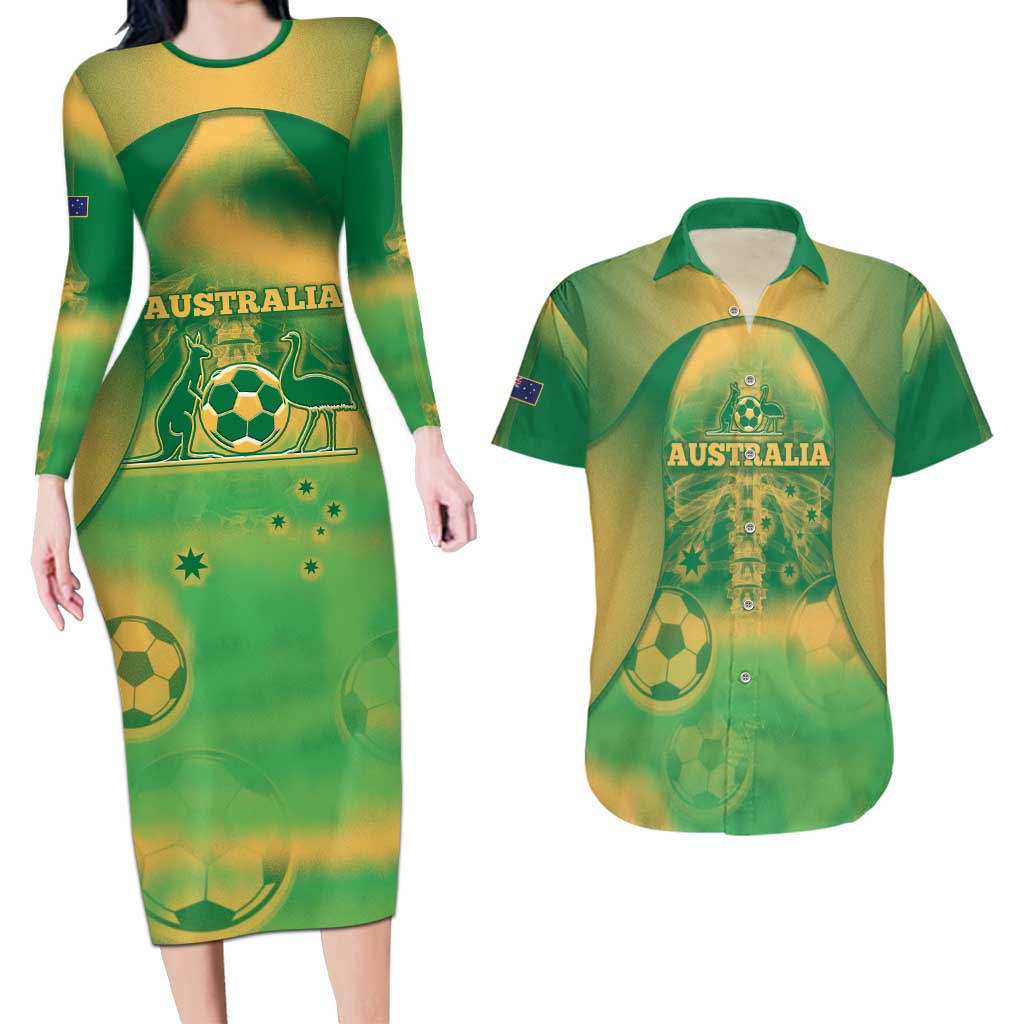 Custom Australia Soccer Couples Matching Long Sleeve Bodycon Dress and Hawaiian Shirt Skeleton Gradient Vintage Spray