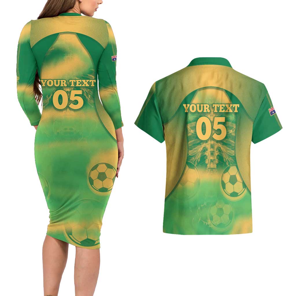 Custom Australia Soccer Couples Matching Long Sleeve Bodycon Dress and Hawaiian Shirt Skeleton Gradient Vintage Spray