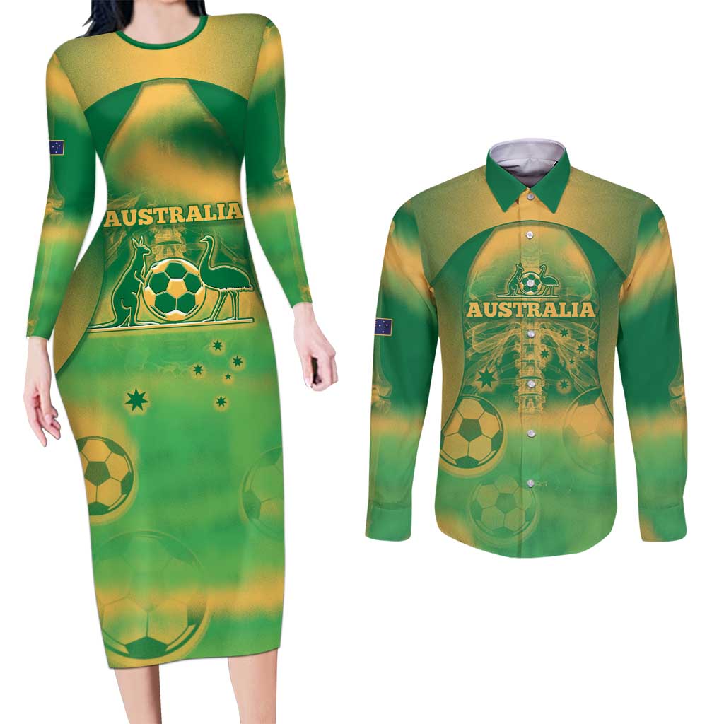 Custom Australia Soccer Couples Matching Long Sleeve Bodycon Dress and Long Sleeve Button Shirt Skeleton Gradient Vintage Spray