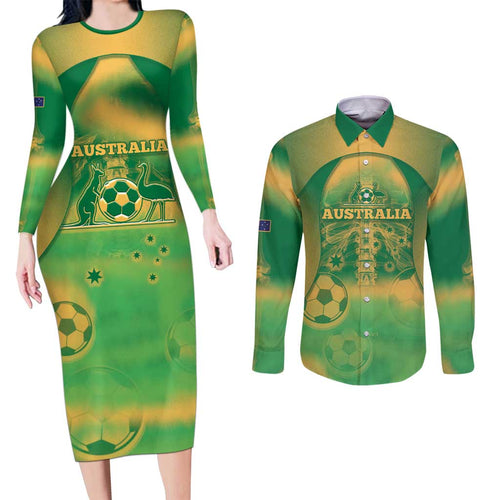 Custom Australia Soccer Couples Matching Long Sleeve Bodycon Dress and Long Sleeve Button Shirt Skeleton Gradient Vintage Spray
