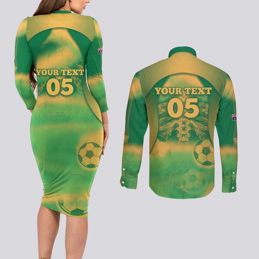 Custom Australia Soccer Couples Matching Long Sleeve Bodycon Dress and Long Sleeve Button Shirt Skeleton Gradient Vintage Spray