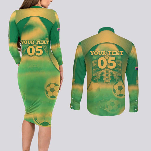 Custom Australia Soccer Couples Matching Long Sleeve Bodycon Dress and Long Sleeve Button Shirt Skeleton Gradient Vintage Spray