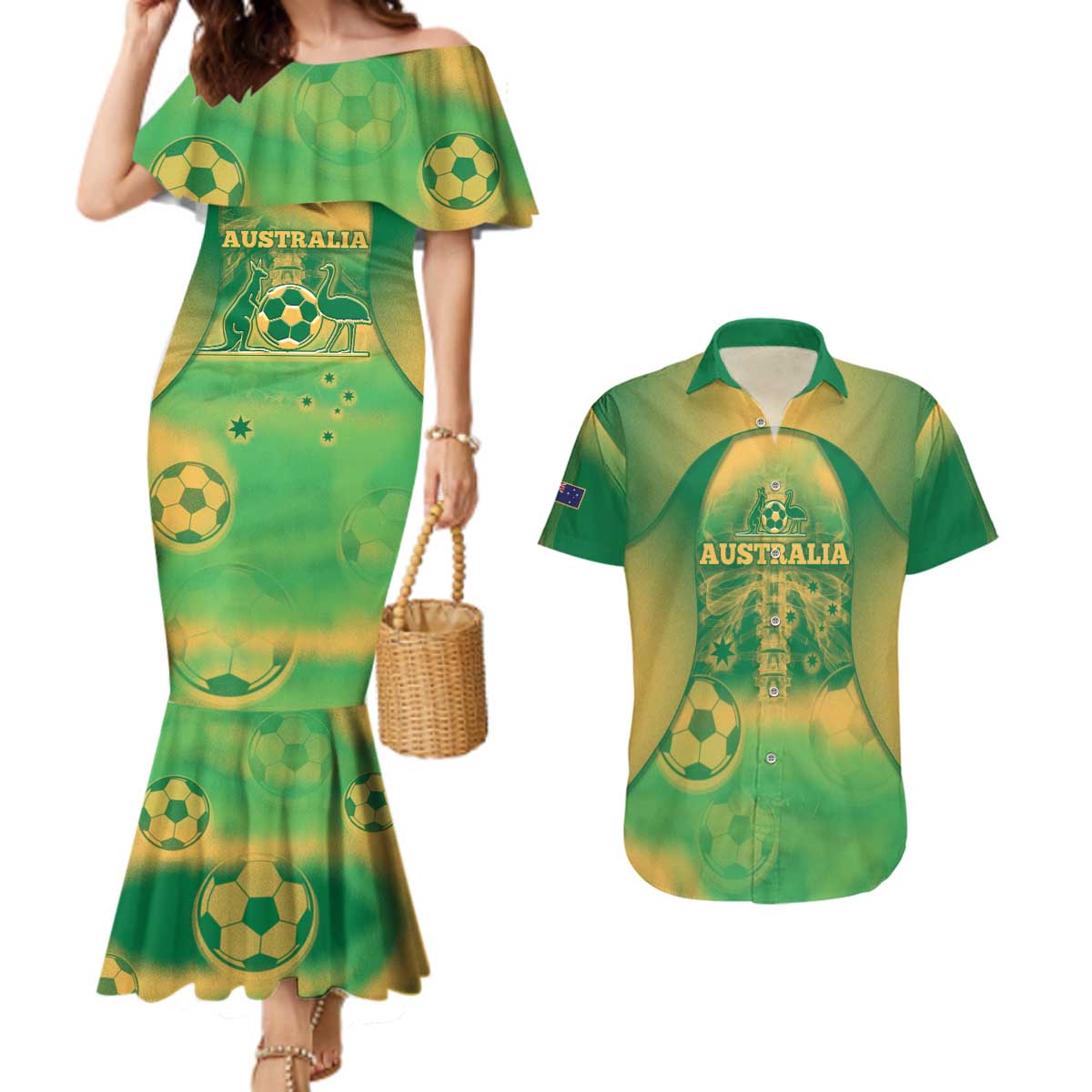 Custom Australia Soccer Couples Matching Mermaid Dress and Hawaiian Shirt Skeleton Gradient Vintage Spray