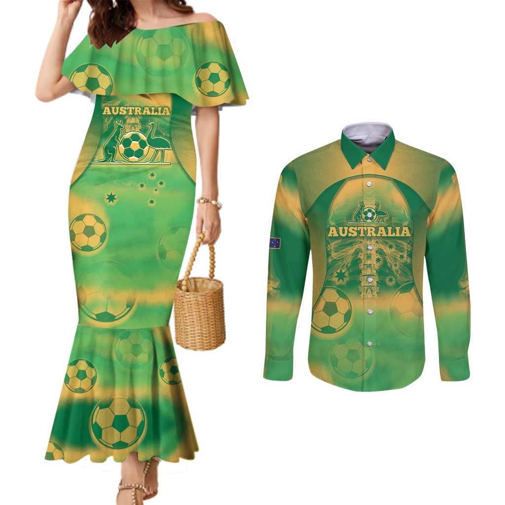 Custom Australia Soccer Couples Matching Mermaid Dress and Long Sleeve Button Shirt Skeleton Gradient Vintage Spray