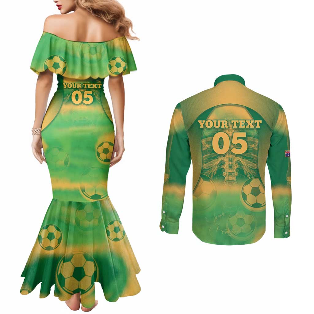 Custom Australia Soccer Couples Matching Mermaid Dress and Long Sleeve Button Shirt Skeleton Gradient Vintage Spray