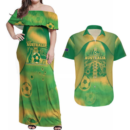 Custom Australia Soccer Couples Matching Off Shoulder Maxi Dress and Hawaiian Shirt Skeleton Gradient Vintage Spray
