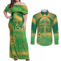 Custom Australia Soccer Couples Matching Off Shoulder Maxi Dress and Long Sleeve Button Shirt Skeleton Gradient Vintage Spray