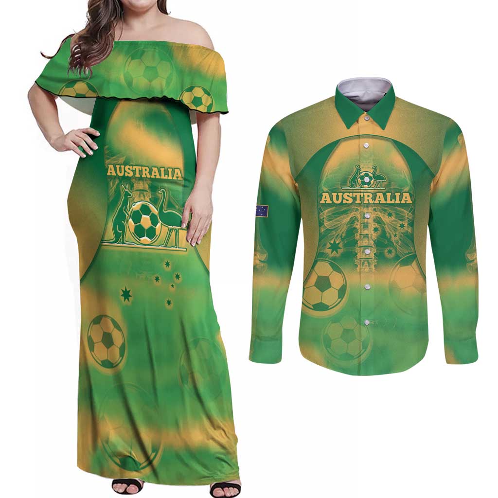 Custom Australia Soccer Couples Matching Off Shoulder Maxi Dress and Long Sleeve Button Shirt Skeleton Gradient Vintage Spray