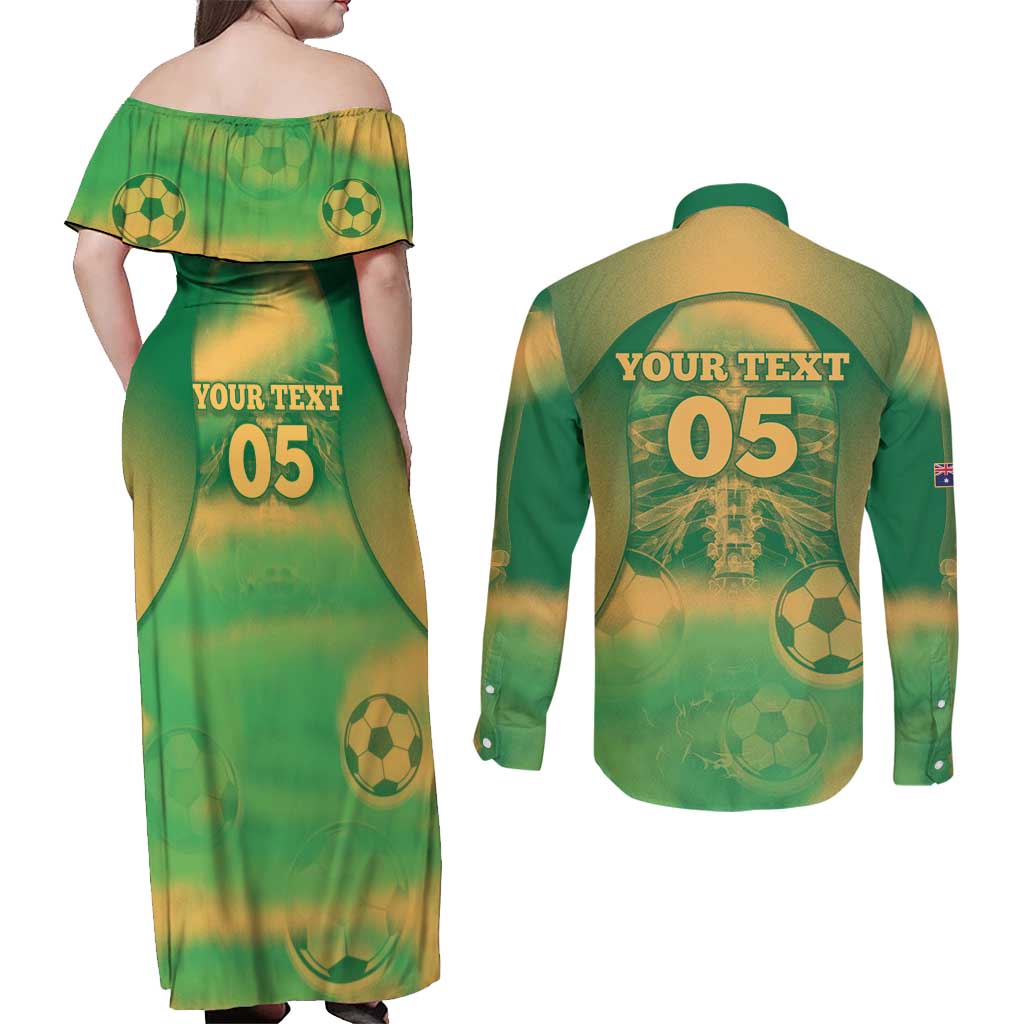 Custom Australia Soccer Couples Matching Off Shoulder Maxi Dress and Long Sleeve Button Shirt Skeleton Gradient Vintage Spray