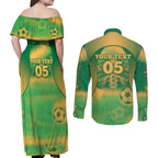 Custom Australia Soccer Couples Matching Off Shoulder Maxi Dress and Long Sleeve Button Shirt Skeleton Gradient Vintage Spray