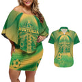 Custom Australia Soccer Couples Matching Off Shoulder Short Dress and Hawaiian Shirt Skeleton Gradient Vintage Spray