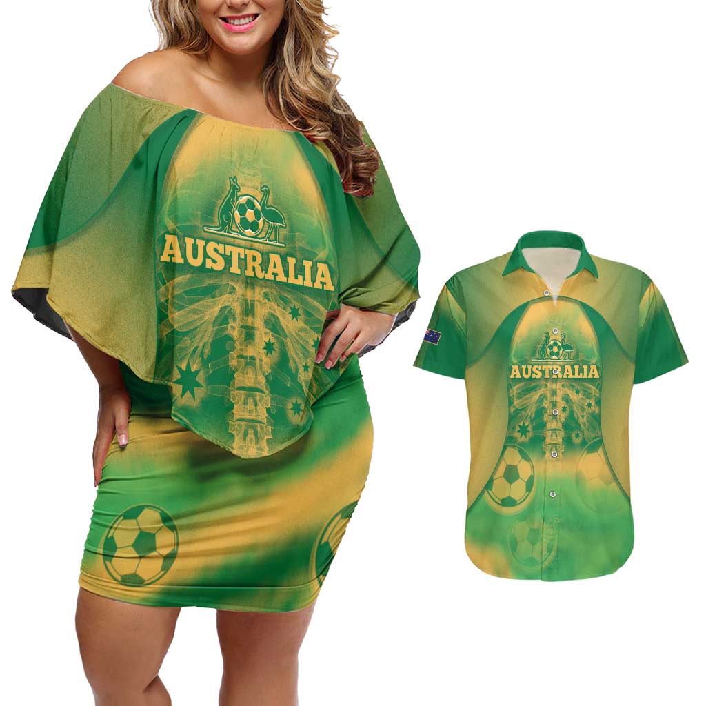Custom Australia Soccer Couples Matching Off Shoulder Short Dress and Hawaiian Shirt Skeleton Gradient Vintage Spray