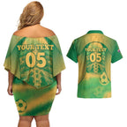 Custom Australia Soccer Couples Matching Off Shoulder Short Dress and Hawaiian Shirt Skeleton Gradient Vintage Spray