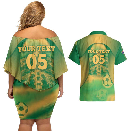 Custom Australia Soccer Couples Matching Off Shoulder Short Dress and Hawaiian Shirt Skeleton Gradient Vintage Spray